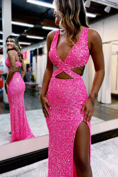 Glitter Mermaid V Neck Hot Pink Sequins Long Prom Dresses with Slit LD3030501