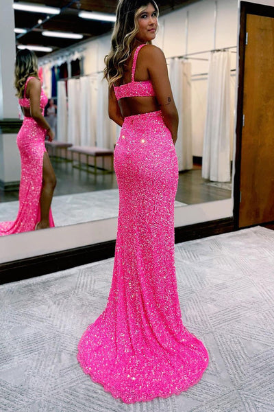 Glitter Mermaid V Neck Hot Pink Sequins Long Prom Dresses with Slit LD3030501