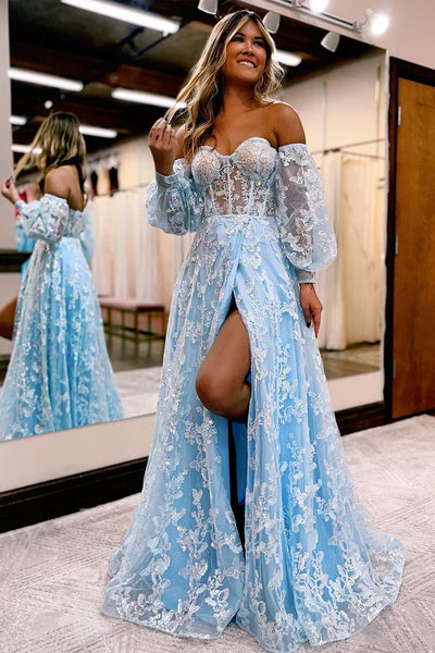 A-Line Sweetheart Light Blue Tulle Long Prom Dresses with Appliques LD3032204