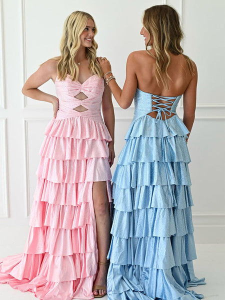 Gorgeous Sweetheart Daffodil Tiered Hot Fix Satin Prom Dress with Slit DM52102708