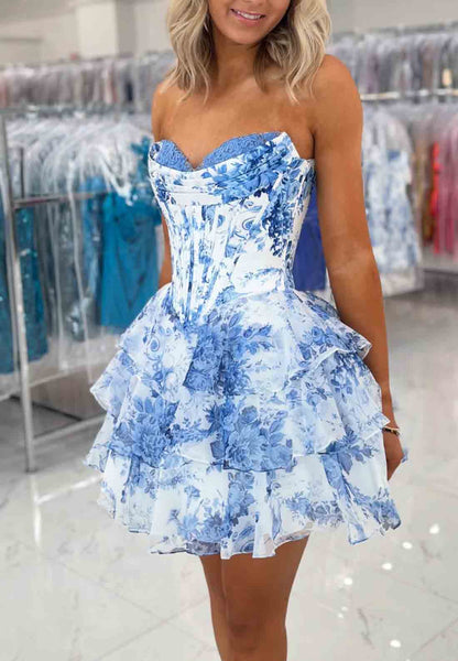 A Line Sweetheart Floral Chiffon Tiered Homecoming Dress DM072102