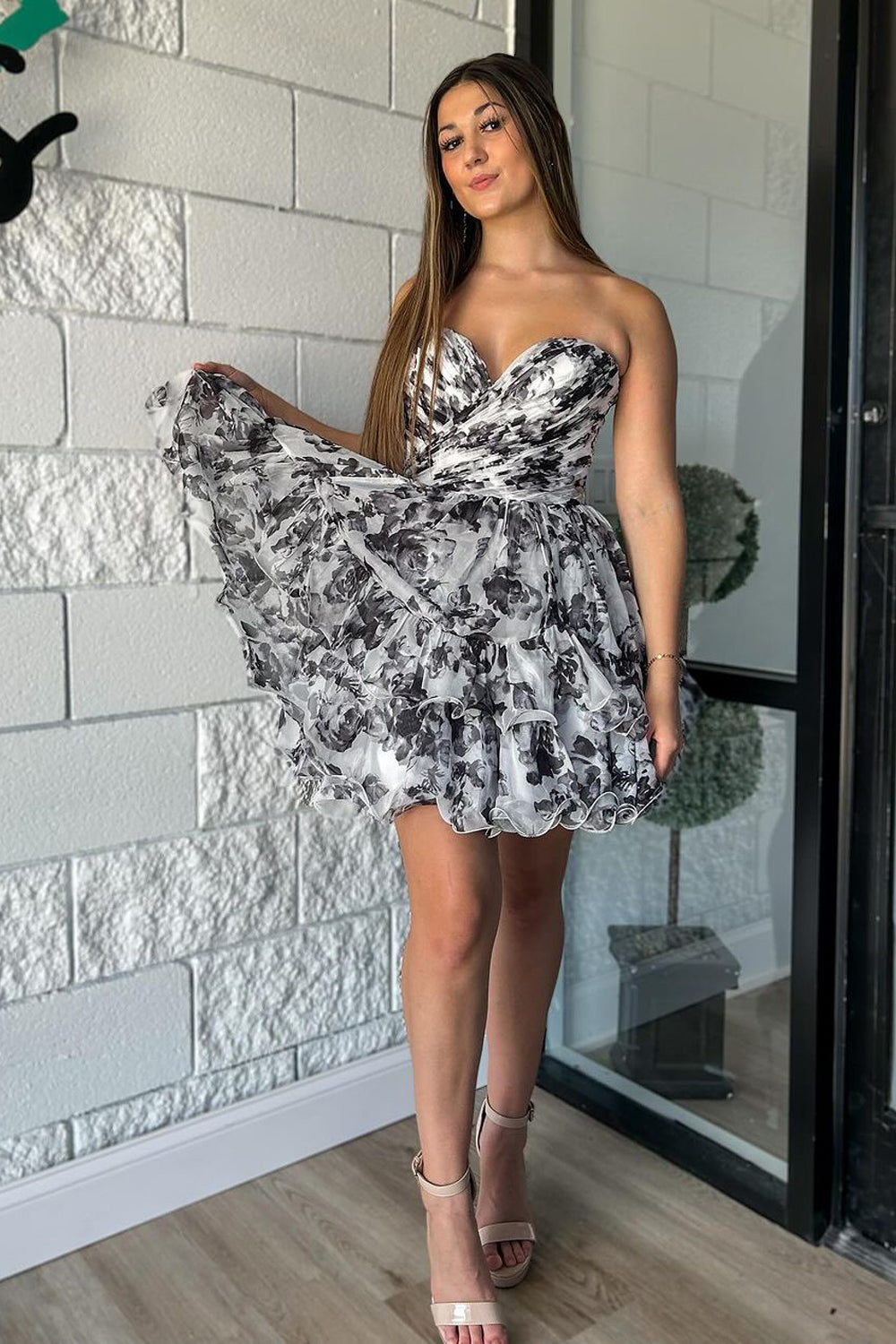 Black Floral Printed Strapless A-Line Short Homecoming Dresses DM24091403
