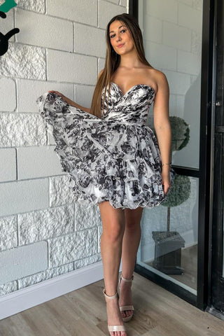 Black Floral Printed Strapless A-Line Short Homecoming Dresses DM24091403