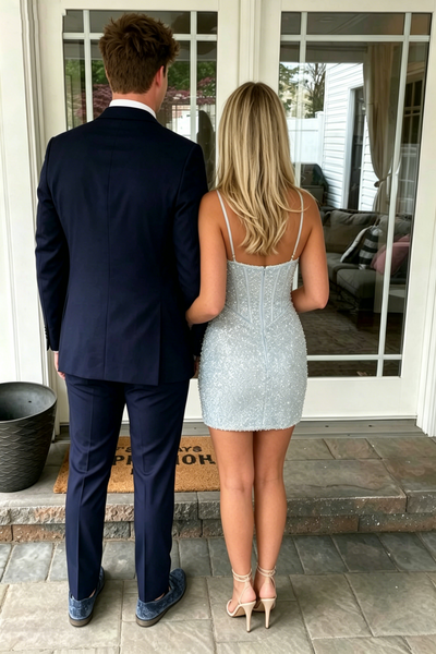 Sparkly Light Blue Sequined Tight Sweetheart Homecoming Dress