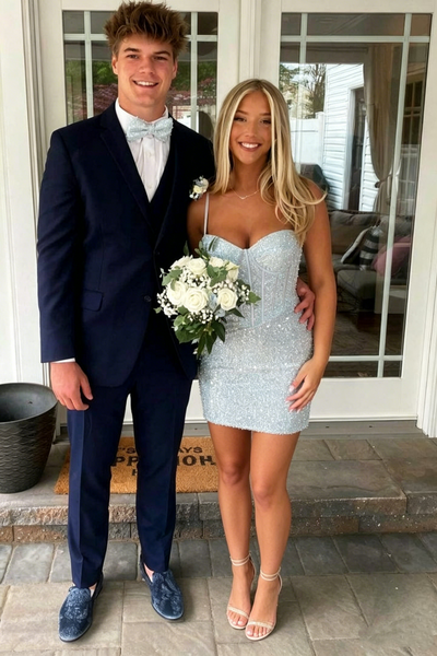 Sparkly Light Blue Sequined Tight Sweetheart Homecoming Dress