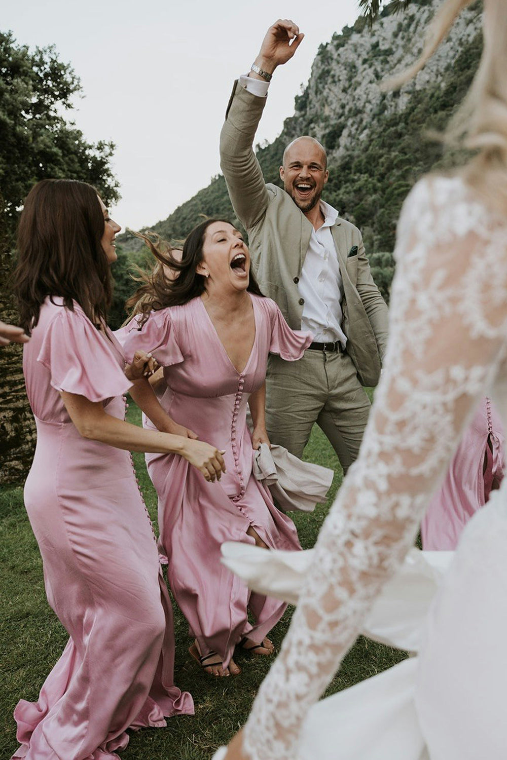 Blush Pink V Neck Silk Satin Long Sheath Bridesmaid Dresses DM24081210   Dressmeet