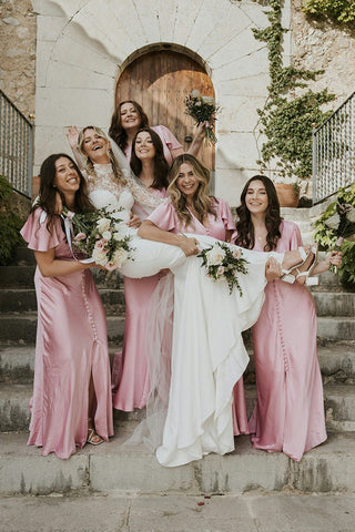 Blush Pink V Neck Silk Satin Long Sheath Bridesmaid Dresses DM24081210