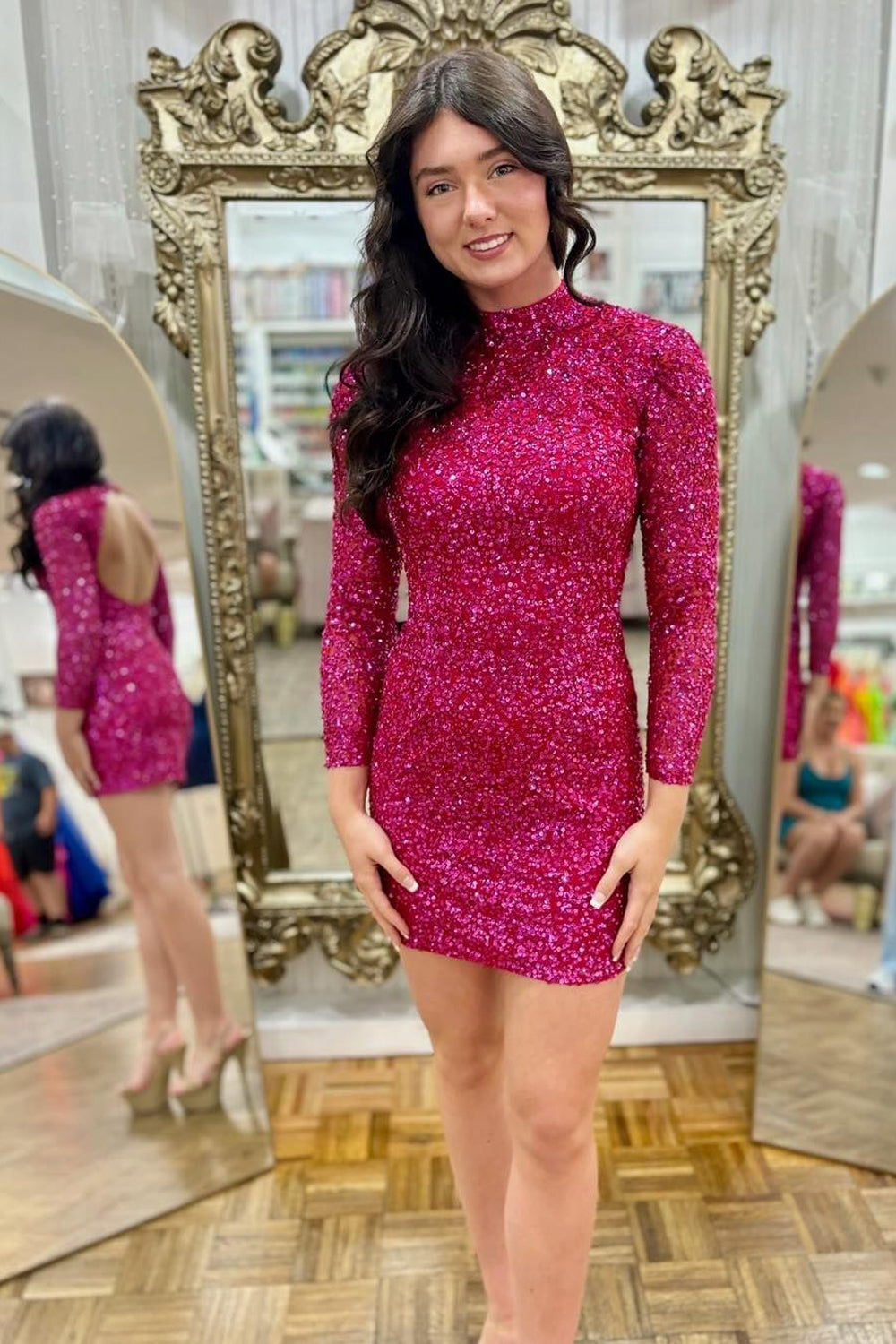 Bodycon Fuchsia Sequins Long Sleeves Tight Short Homecoming Dresses DM24082703