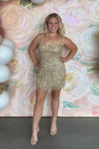 Bodycon Gold Sequins Spaghetti Straps Tight Short Homecoming Dresses DM24082701