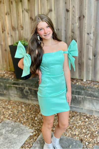 Bodycon Off the Shoulder Mint Satin Short Homecoming Dresses with Bow DM24091003