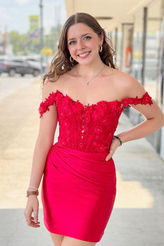 Bodycon Off the Shoulder Red Satin Appliques Short Homecoming Dress DM24090505