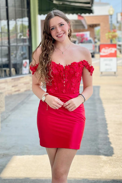 Bodycon Off the Shoulder Red Satin Appliques Short Homecoming Dress DM24090505