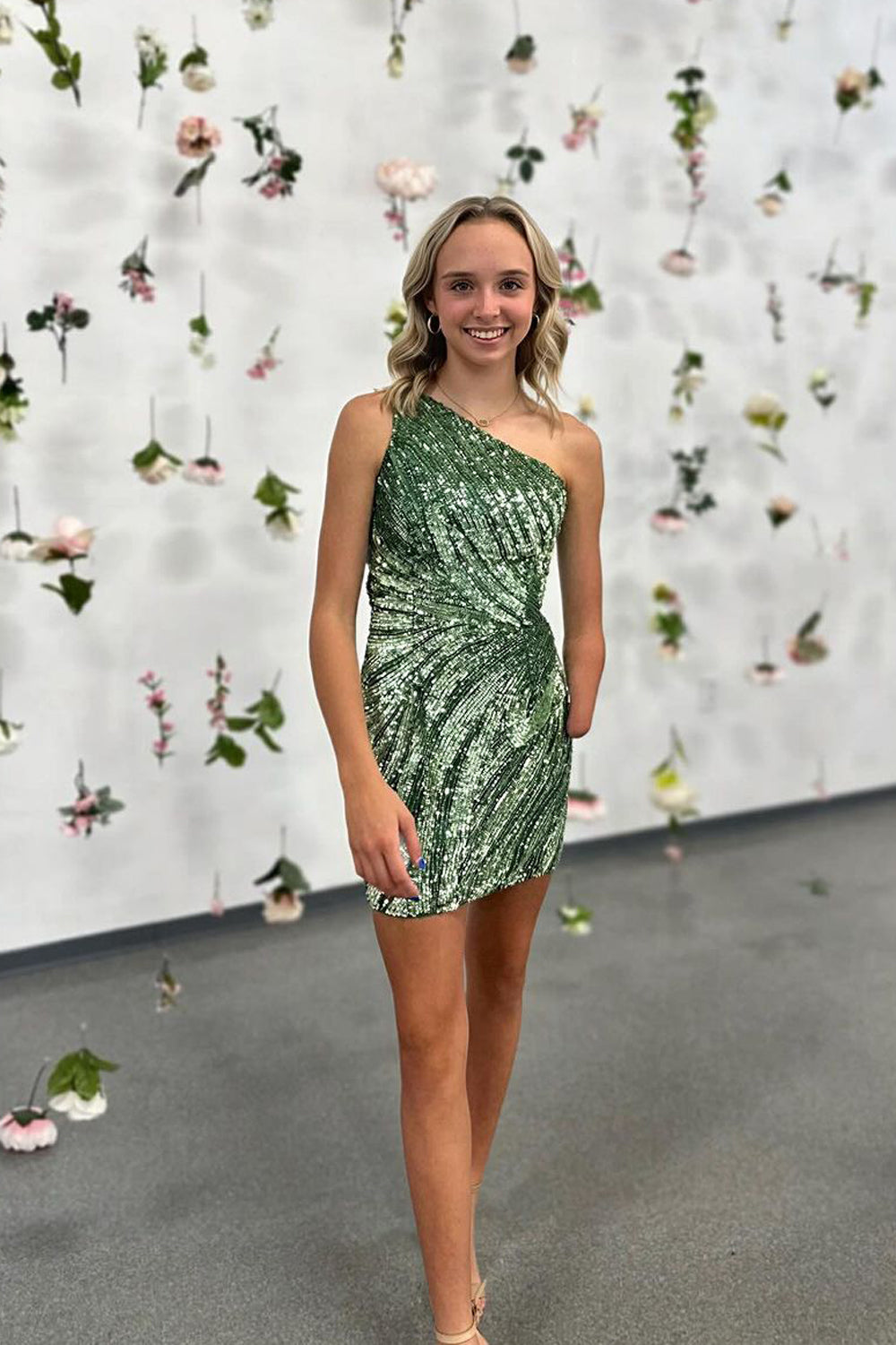 Bodycon One Shoulder Sage Green Sequins Tight Short Homecoming Dress DM24082902