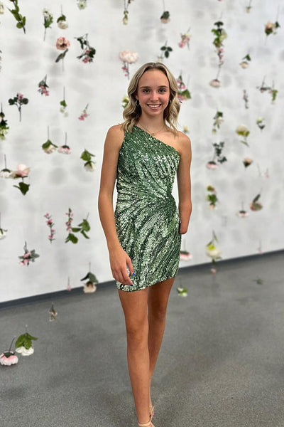 Bodycon One Shoulder Sage Green Sequins Tight Short Homecoming Dress DM24082902