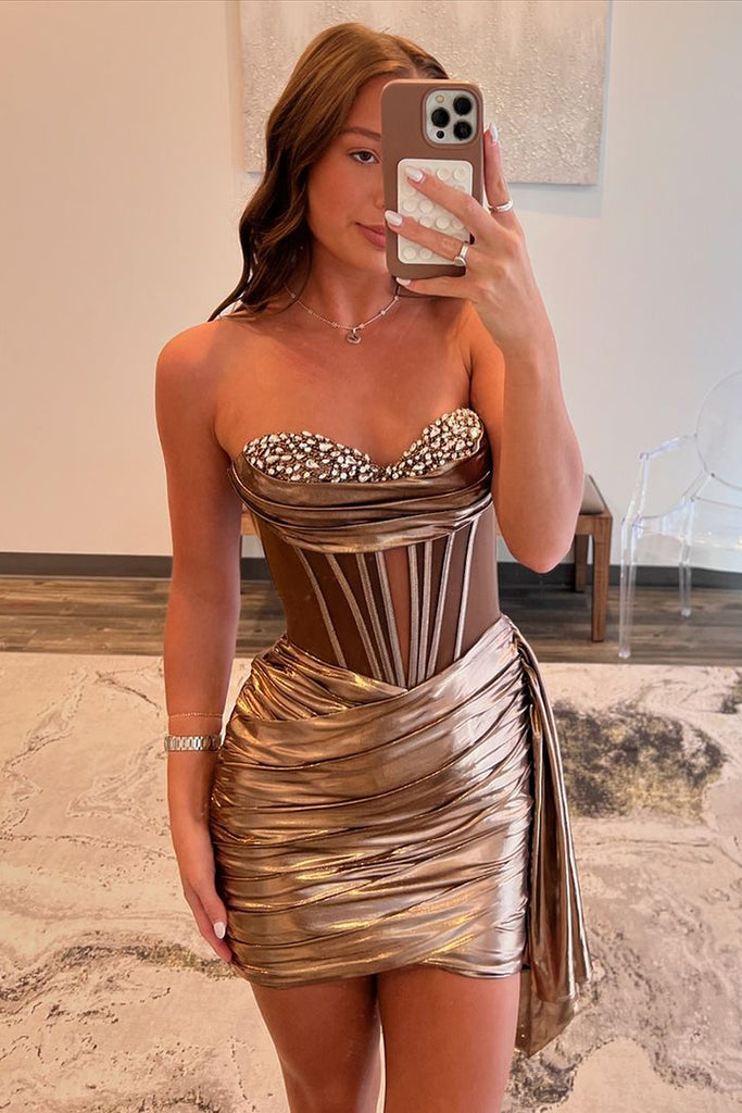 Bodycon Strapless Brown Satin Tight Homecoming Dresses with Beadings  DM24091101 – Dressmeet