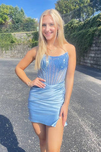 Bodycon Strapless Light Blue Satin Tight Short Homecoimg Dresses with Beads DM24083107