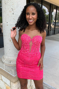 Bodycon Sweetheart Fuchsia Tight Short Homecoming Dresses with Appliques DM24090305