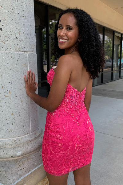 Bodycon Sweetheart Fuchsia Tight Short Homecoming Dresses with Appliques DM24090305
