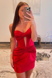 Bodycon Sweetheart Red Satin Keyhole Short Tight Homecoming Dresses DM24090803 Dressmeet Bodycon Sweetheart Red Satin Keyhole Short Tight Homecoming Dresses DM24090803 Dressmeet