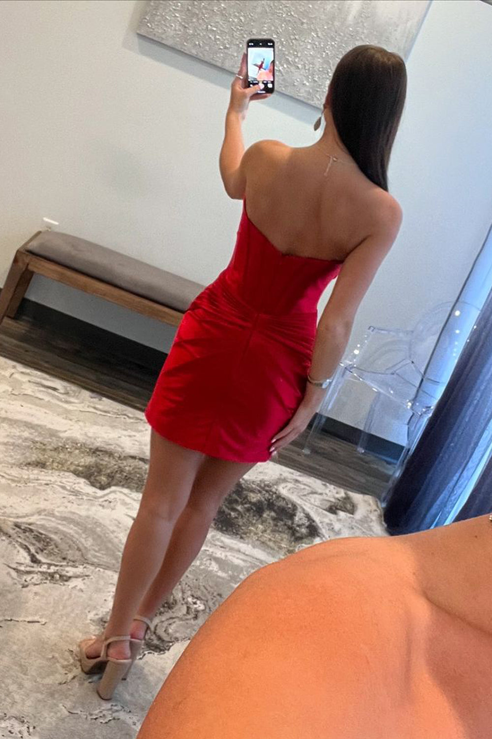 red dress selfie Bodycon Sweetheart Red Satin Keyhole Short Tight Homecoming Dresses  DM24090803 – Dressmeet