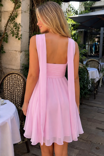 Casual A-Line Strapless Pink Pleated Chiffon Homecoming Party Dress DM161712