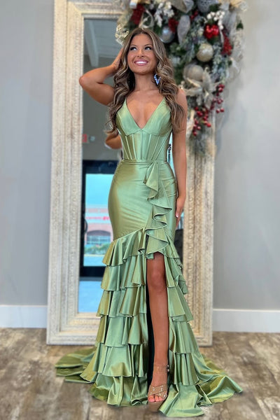Charming Mermaid V Neck Sage Satin Tiered Slit Prom Dress DM24122409-1