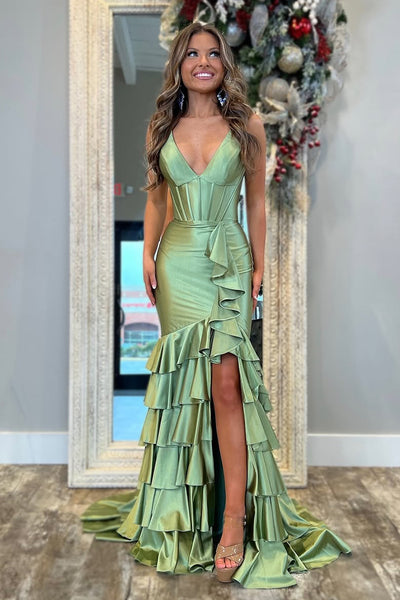 Charming Mermaid V Neck Sage Satin Tiered Slit Prom Dress DM24122409-2