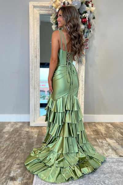Charming Mermaid V Neck Sage Satin Tiered Slit Prom Dress DM24122409-3