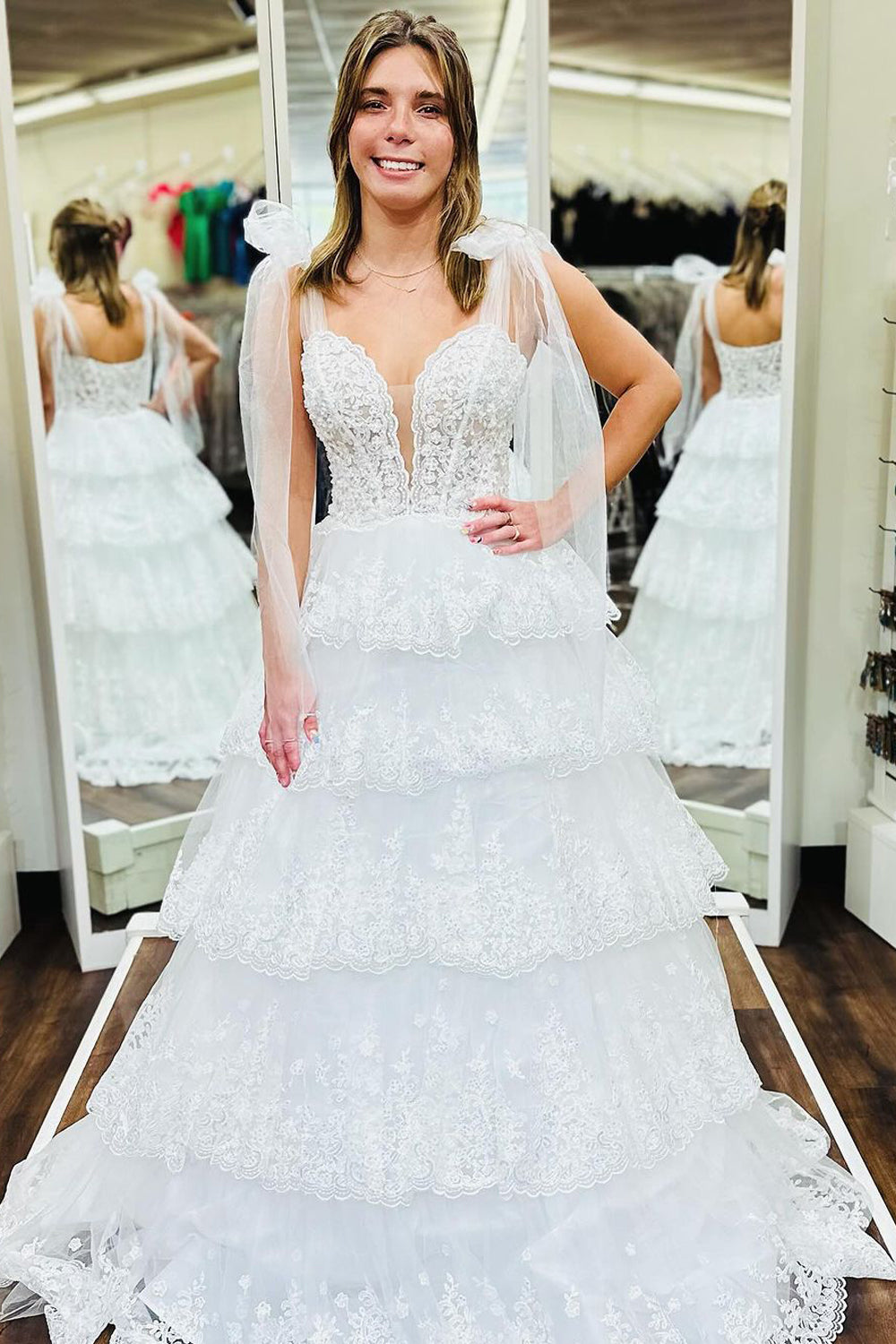Cute A-Line V Neck White Ruffle Tiered Sequins Long Prom Dress Homecoming Dresses DM24090201 Dressmeet Cute A-Line V Neck White Ruffle Tiered Sequins Long Prom Dress Homecoming Dresses DM24090201 Dressmeet