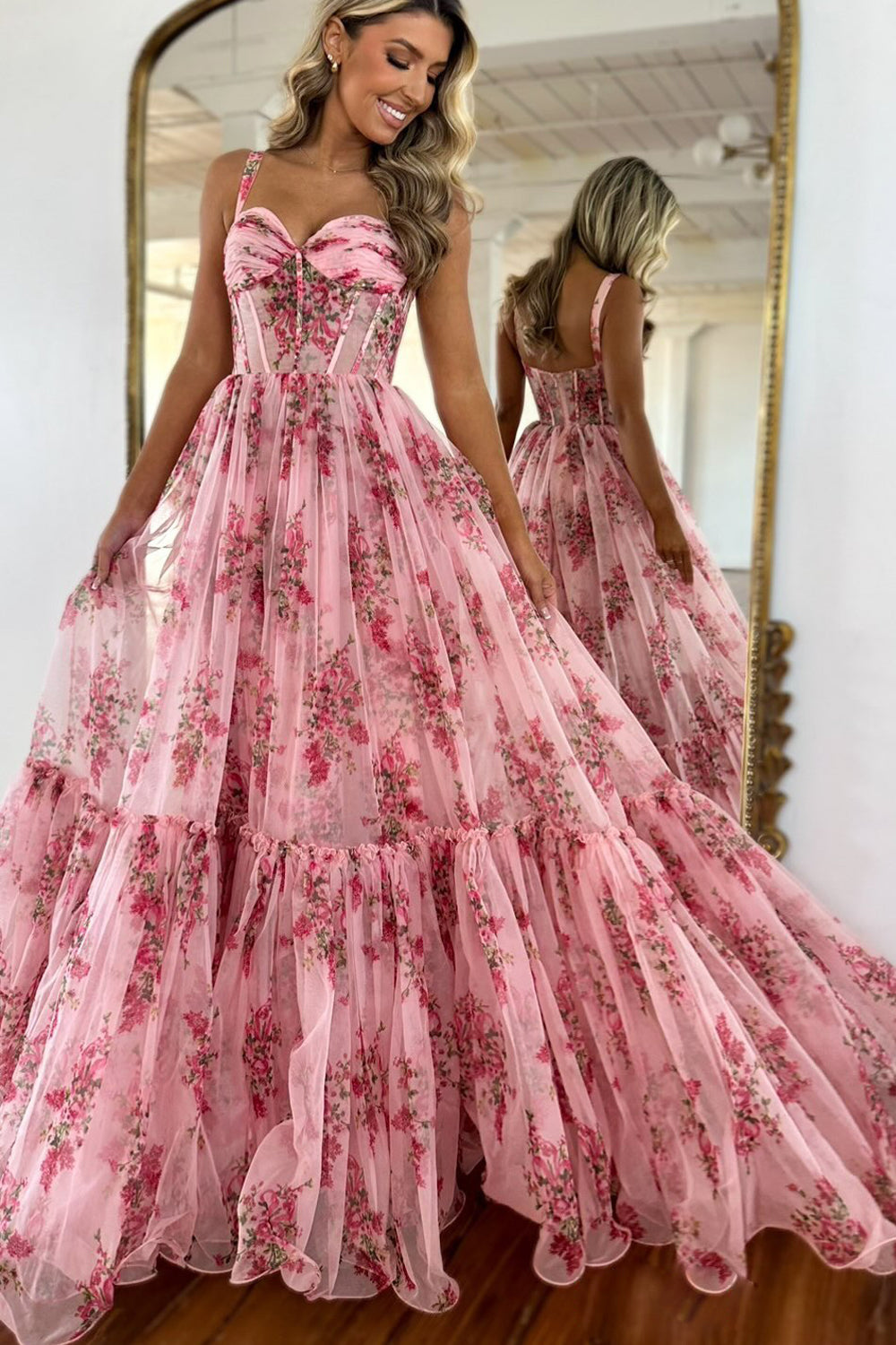 Cute A Line Sweetheart Floral Printed Chiffon Prom Dress DM250104-1