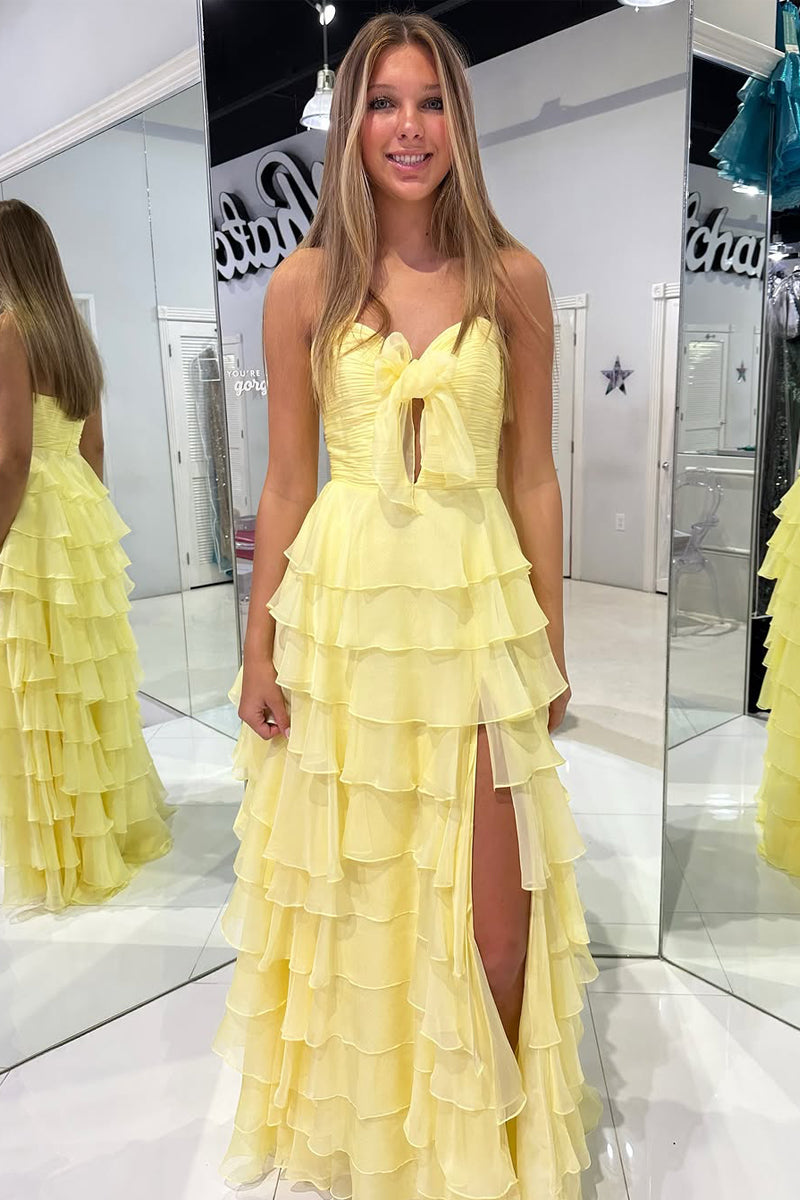 Cute A Line Sweetheart Keyhole Yellow Tiered Prom Dress with Slit DM25010407-1