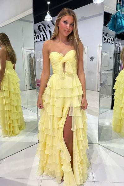 Cute A Line Sweetheart Keyhole Yellow Tiered Prom Dress with Slit DM25010407-2