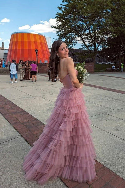 Dusty Pink Sweetheart Tiered Tulle Long Prom Dresses DM24081208