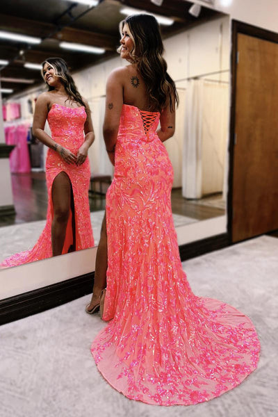 Cute Mermaid Strapless Coral Sequins Slit Prom Dress DM24122417-2