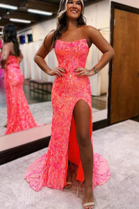 Cute Mermaid Strapless Coral Sequins Slit Prom Dress DM24122417