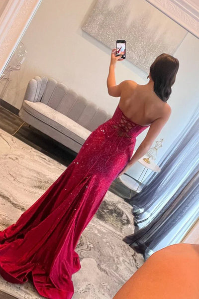 Cute Mermaid Sweetheart Orange Satin Hot Fix Prom Dress with Slit DM26011311