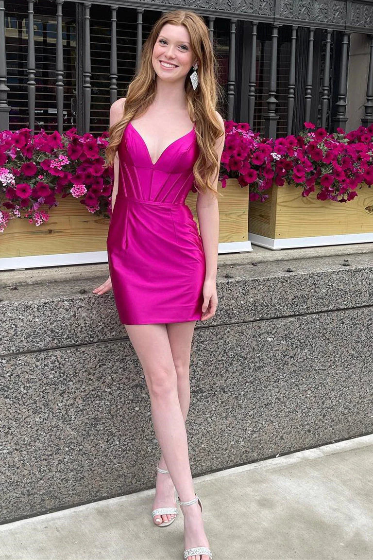 Dark Green V Neck Satin Short Tight Homecoming Dresses DM24082214 Dressmeet Dark Green V Neck Satin Short Tight Homecoming Dresses DM24082214 Dressmeet