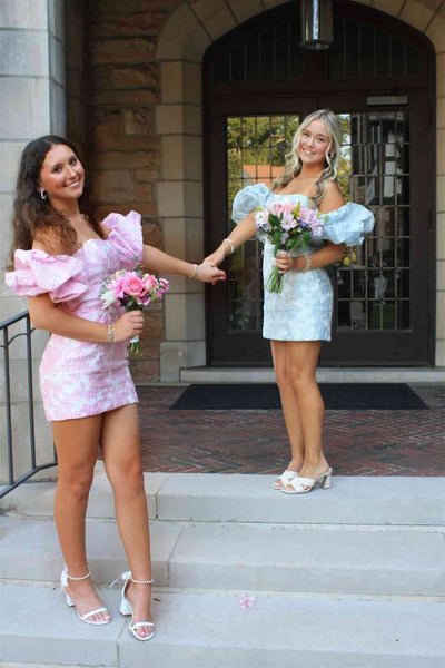 Detachable Puff Sleeve Pink Jacquard Satin Short Homecoming Dress DM161714
