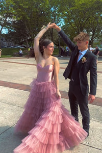 Dusty Pink Sweetheart Tiered Tulle Long Prom Dresses DM24081208