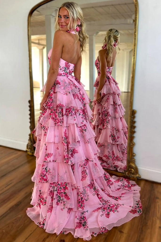 Elegant Halter Floral Printed Chiffon Tiered Prom Dress with Slit DM25010408