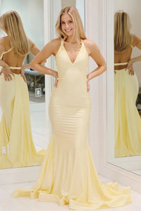 Elegant Mermaid V Neck Yellow Stretch Satin Prom Dress DM25010409-1