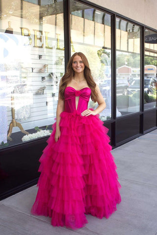 Fuchsia Ball Gown Sweetheart Keyhole Tiered Tulle Long Prom Dresses DM24081204