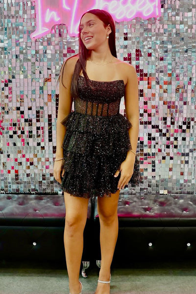 Glitter A-Line Strapless Black Ruffle Tiered Tulle Short Homecoming Dresses DM24082905