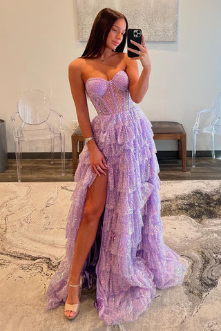 Glitter Ball Gown Strapless Lavender Sequins Ruffle Tiered Prom Dresses with Slit DM24090610