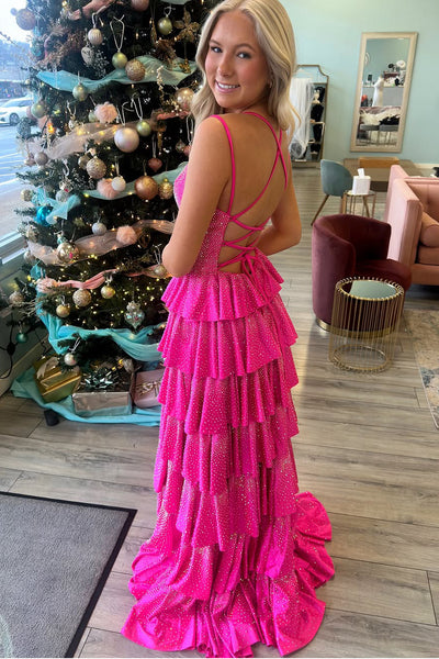Gorgeous A Line V Neck Pink Satin Tiered Beading Prom Dress DM24122410-2