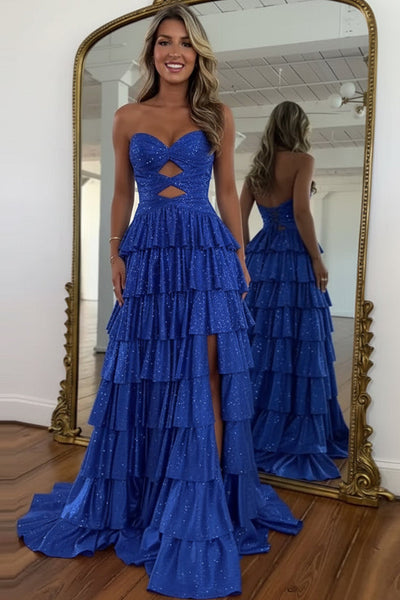 Gorgeous Sweetheart Daffodil Tiered Hot Fix Satin Prom Dress with Slit DM52102708