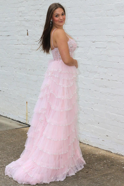 Cute A Line Straps Blush Pink Tulle Layered Long Prom Dresses with Slit