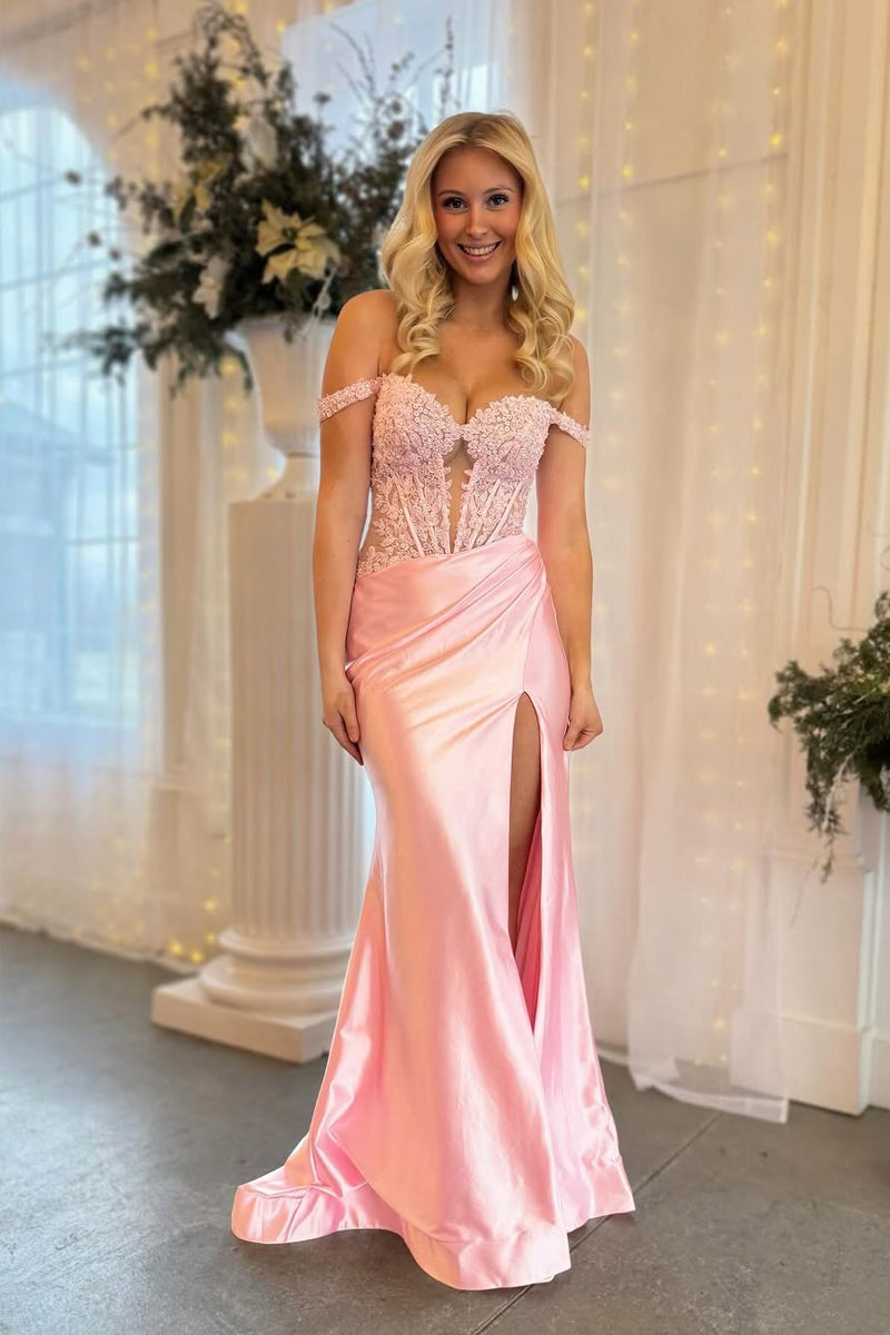 Mermaid Off the Shoulder Stretch Satin Slit Prom Dress DM25010405-1