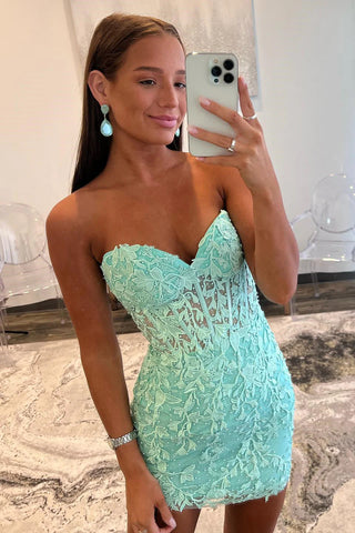 Mint Lace Short Corset Tight Homecoming Dresses with Beading DM4083009