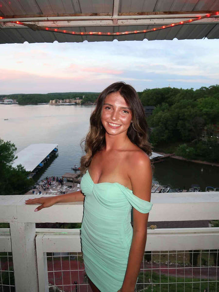 Off the Shoulder Mint Ruched Bodycon Short Homecoming Dress DM161714